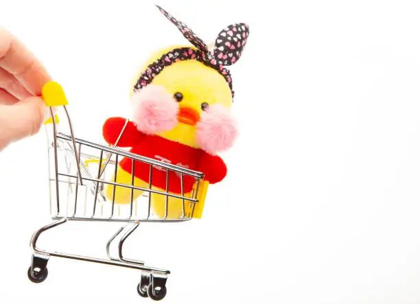 Photo of image of toy duck trolley hand white background