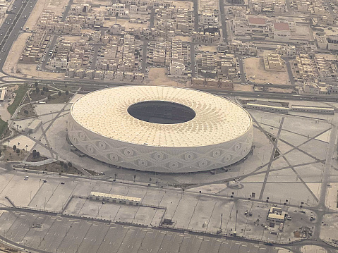 Doha, Qatar, 30 March 2022.\nAerial view of Al Thumama stadium, one of the 8 FIFA2022 world cup stadiums. Construction is now complete after a decade or work and the small state of Qatar is now ready to host the largest sport event on earth.