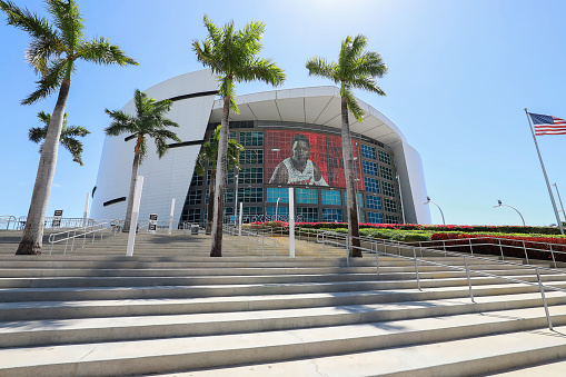 Miami, Florida, USA - April 10, 2022:  Looking up at the Miami Heat FTX Arena.  The Miami Heat are in the NBA 2022 Playoffs.