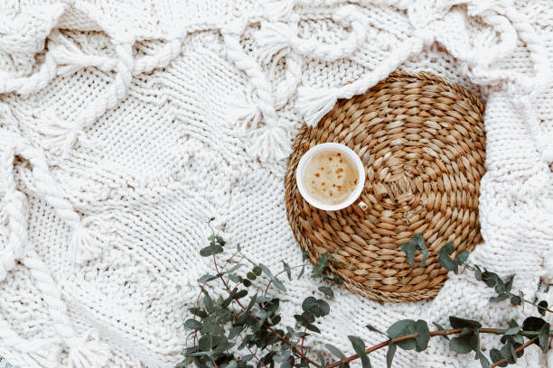 istock Flat lay with coffee cup and eucalyptus on white background. beautiful female still life 1391768679