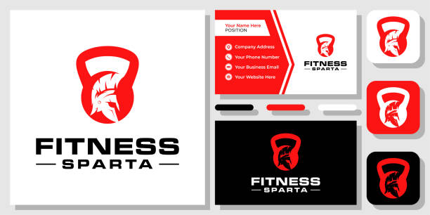 Fitness Kettlebell Spartan Warrior Gym Greek Workout Fit  Design with Business Card Template Fitness Kettlebell Spartan Warrior Gym Greek Workout Fit  Design with Business Card Template Barbell stock illustrations