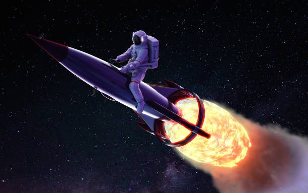 istock Astronaut riding a rocket, with smoke, through the cloud into the space. 1391775419