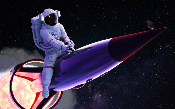 astronaut auf einer rakete mit rauch durch die wolke in den weltraum. - super moon stock-fotos und bilder