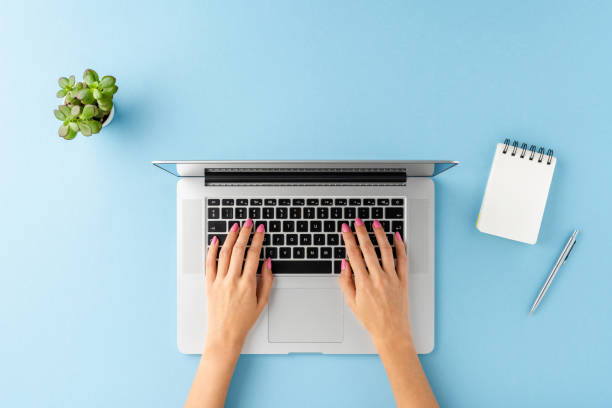 istock Female hands working on modern laptop on blue background with notebook, pen and flower. Office desktop. Flat lay 1391776474