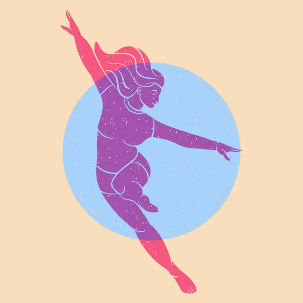 Vector illustration of Inviting, flying, dancing girl, woman. The concept of freedom, movement, life and joy. Colorful cute screen printing effect. retro print effect. Vector illustration.
