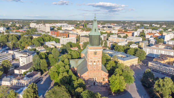 Aerial view on Turku Cathedral (Finnish: Turun tuomiokirkko) at summer day. stock photo