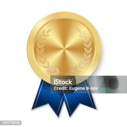 istock Golden award sport medal for winners with blue ribbon 1391778705