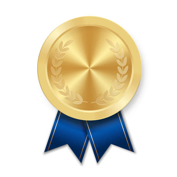 Golden award sport medal for winners with blue ribbon Golden award sport medal for winners with blue ribbon. First place trophy. Honor badges award stock illustrations