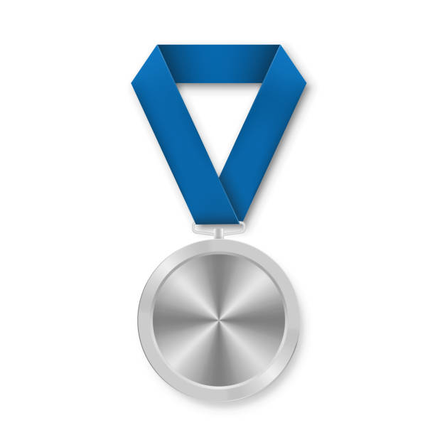 istock Silver award sport medal for winners with blue ribbon 1391778984