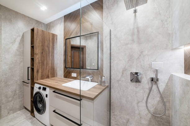 istock new clean, bright bathroom with tiles and wood 1391780037