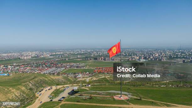 Aerial View Of Bishkek City From The Mountains Flagpole With Kyrgyzstan Flag Stock Photo - Download Image Now