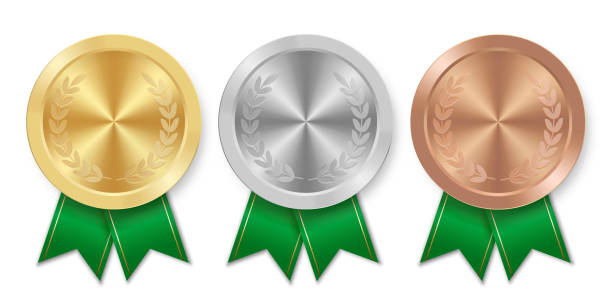 ilustraciones, imágenes clip art, dibujos animados e iconos de stock de medalla deportiva de plata dorada y bronce con cintas verdes - silver medal award ribbon green
