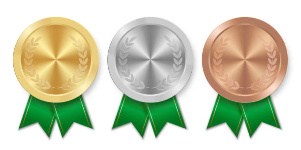 ilustrações de stock, clip art, desenhos animados e ícones de golden silver and bronze award sport medal with green ribbons - silver medal award ribbon green