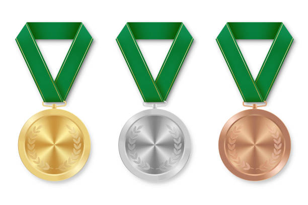 ilustrações de stock, clip art, desenhos animados e ícones de golden silver and bronze award sport medal with green ribbons - silver medal award ribbon green