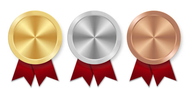 istock Golden silver and bronze award sport medal with red ribbons 1391783365