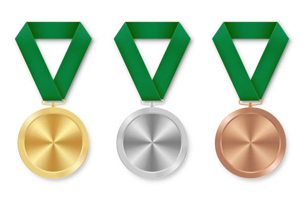 ilustraciones, imágenes clip art, dibujos animados e iconos de stock de medalla deportiva de plata dorada y bronce con cintas verdes - silver medal award ribbon green