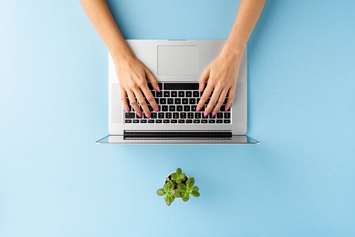 Overhead shot of woman’s hands working on laptop on blue table with flower. Office desktop. Flat lay