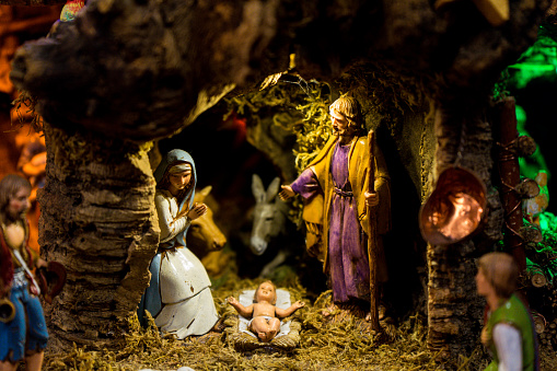 Statues of the nativity scene with baby Jesus