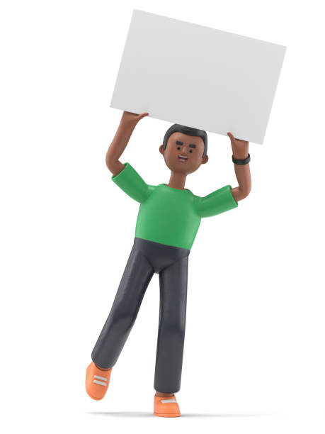 3D illustration of a smiling african american man David holding white blank board. Portraits of cartoon characters stand with display banners held high in both hands, Advertising board, 3D rendering on white background. ilustración en 3d de un sonriente hombre afroamericano david sosteniendo una pizarra blanca en blanco. los retratos de los personajes de dibujos animados se colocan con pancartas de visualización sostenidas en alto en ambas manos, tablero publicitario, r