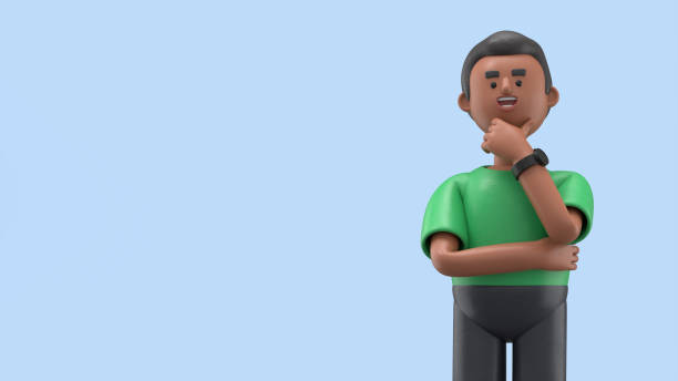 3D illustration of a thinking african american man David pondering making decision. Portraits of cartoon characters solving problems, feeling concerned puzzled lost in thoughts. Searching and finding a solution concept.3D rendering on blue background. ilustración en 3d de un hombre afroamericano pensante david reflexionando sobre la toma de decisiones. retratos de personajes de dibujos animados que resuelven problemas, sintiéndose preocupados y perdidos en los pensamientos. búsqueda y búsqueda de un