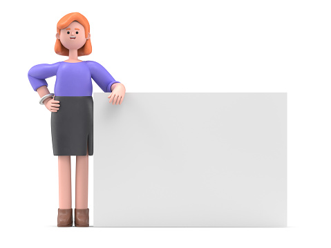 3D illustration of a smiling businesswoman Ellen stands with his body leaning against white blank board. Portraits of cartoon characters stands with his body leaning against the display board and one arm resting on the board, Advertising board, 3D rendering on white background.