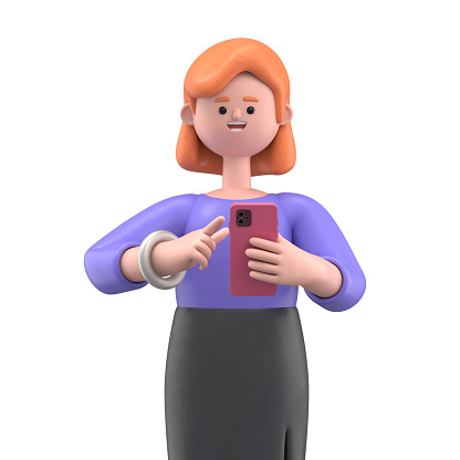 3D illustration of a smiling businesswoman Ellen looking at smartphone and chatting. Portraits of cartoon characters talking and typing on the phone. Communication in social networking, mobile connection. 3D rendering on white background.