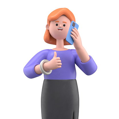 3D illustration of  young smiling woman Ellen talking phone, calling by telephone. Communication, conversation, support concept. Cartoon minimal style.3D rendering on white background.