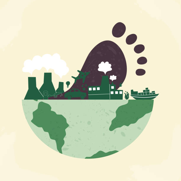 ślad węglowy co2. niebezpieczny wpływ dwutlenku na ekosystem planety i zrównoważony rozwój. koncepcja kompensacji emisji dwutlenku węgla. ślad na ziemi płaska ilustracja wektorowa - environmental footprint stock illustrations