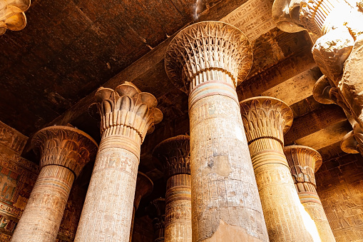 Beautiful decoration at the columns of the Temple of Khnum (the Ram Headed Egyptian God) in Esna, Upper Egypt.