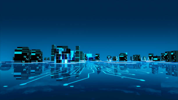 istock Abstract futuristic Digital technology city neon light with circuit floor. 1391792225