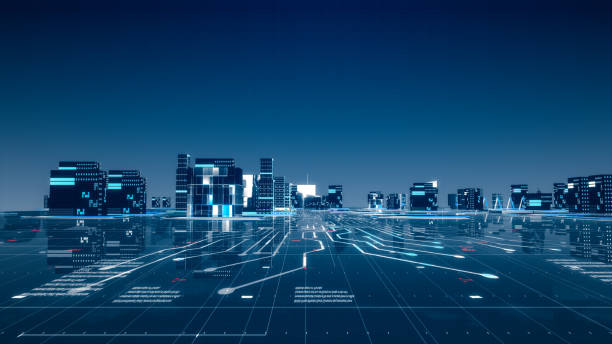 istock Abstract futuristic Digital technology city neon light with circuit floor. 1391792228