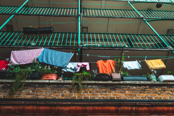 Laundry hanging outside a council flat in London
