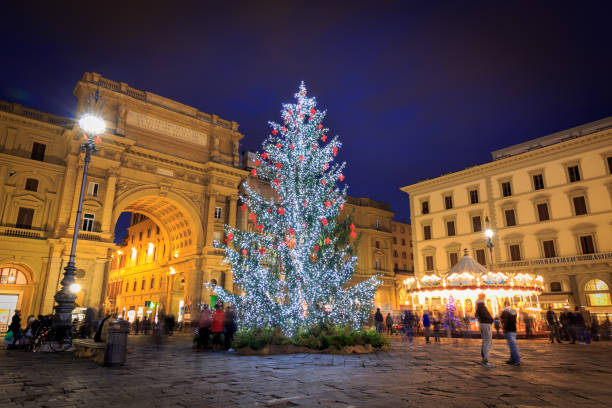 Piazza della Repubblica at Christmas Time with Christmas tree in Florence