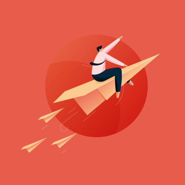 ilustraciones, imágenes clip art, dibujos animados e iconos de stock de empresario volando up con paper plane, nueva startup, concepto de crecimiento y progreso - principios