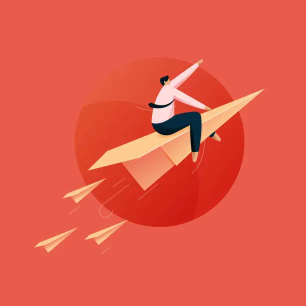 Vector illustration of Businessman Flying UP with Paper Plane, New Startup, Growth and Progress concept