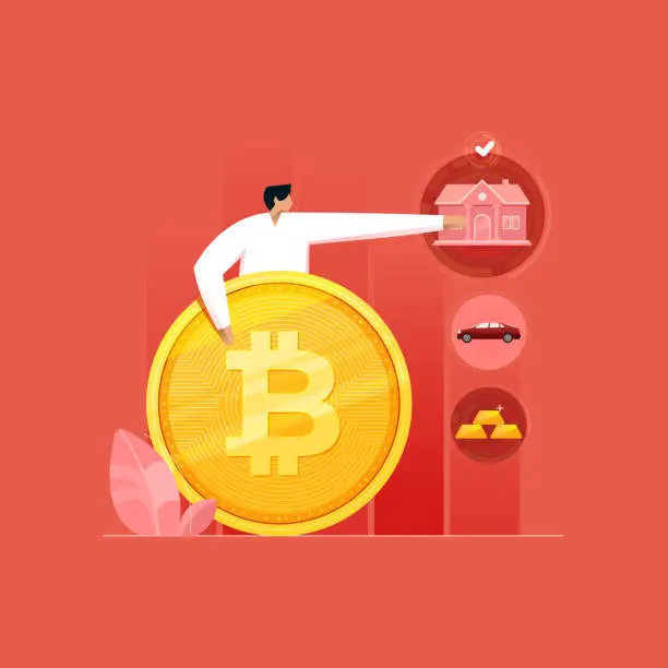 Vector illustration of Person Buy house with Bitcoin, The Future Value of Property, Invest in Real Estate