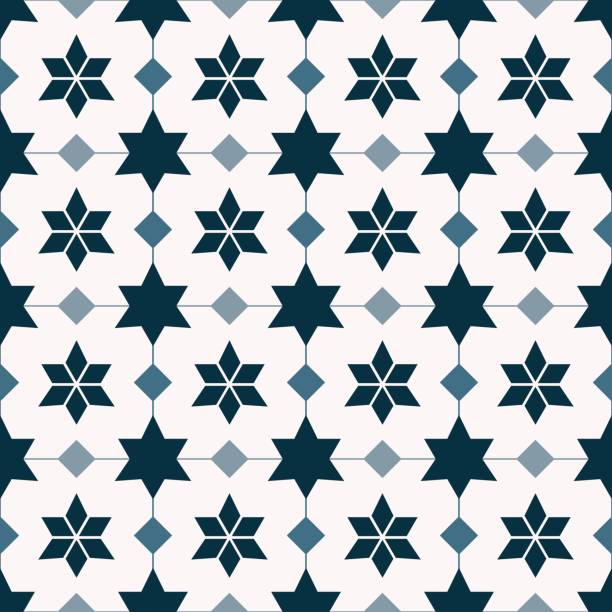 Geometric star grid pattern Vector geometric blue color star grid line seamless pattern background. Sino-Portuguese, Peranakan pattern. Use for fabric, textile, interior decoration elements, upholstery, wrapping. chinese tapestry stock illustrations