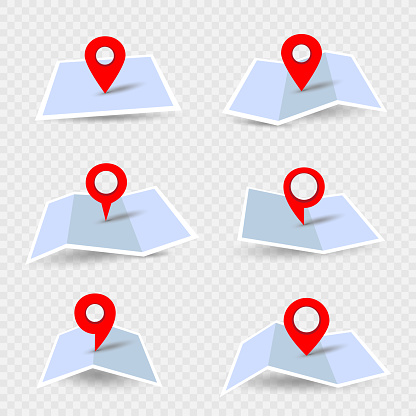 Location pin on paper map set with shadow on transparent background. Locations red navigation pins collection. Maps route marker geolocation sign symbol icon