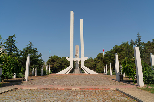 Gyeonggi, Paju, DMZ, South Korea - September 8 2017: Stone monument with incense holder a the freedom bridge in the demilitarized zone between South and North Korea