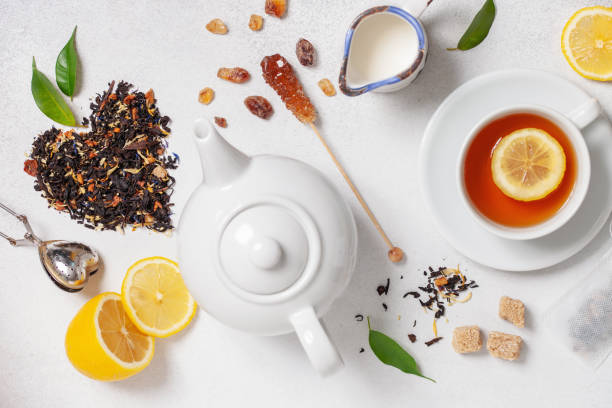 istock Tea composition on light grey background. Flat lay. Top view. Banner 1391799419