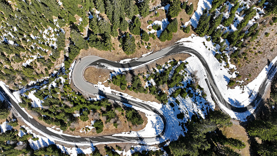 Aerial photo with drone from the Hahntennjoch road in winter in Tyrol Austria