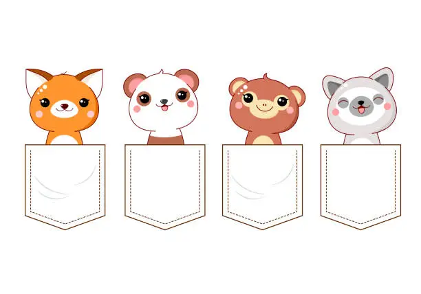 Vector illustration of Cute kawaii little monkey, panda, fox and lemur in pocket set. Baby collection of animals in pockets