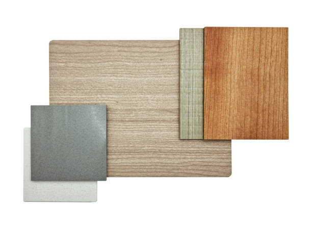 istock interior material samples combination including cherry wood and ash wood veneers, oak laminated, white and grey grainy artificial stones samples isolated on background with clipping path. 1391803090