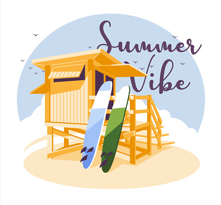 Surf station banner, seacoast. Banner for invitations and advertising. Summer paradise. Surfing club. Flat vector illustration.