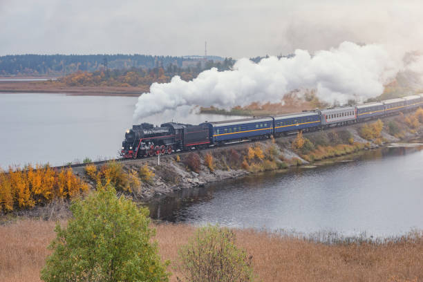 istock Retro steam train moves along the lake. 1391804620