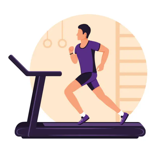 Vector illustration of Young adult man running on treadmill, sport, fitness, athletics, healthy lifestyle. Cartoon style. Vector illustration flat design