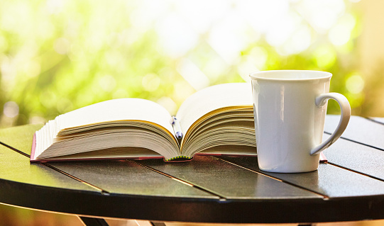 Idyllic leisure scene of literature and coffee on a sunny day.