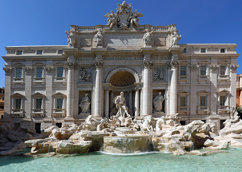 big Fountain of TREVI in Rome Italy and the statue of god Neptune without people