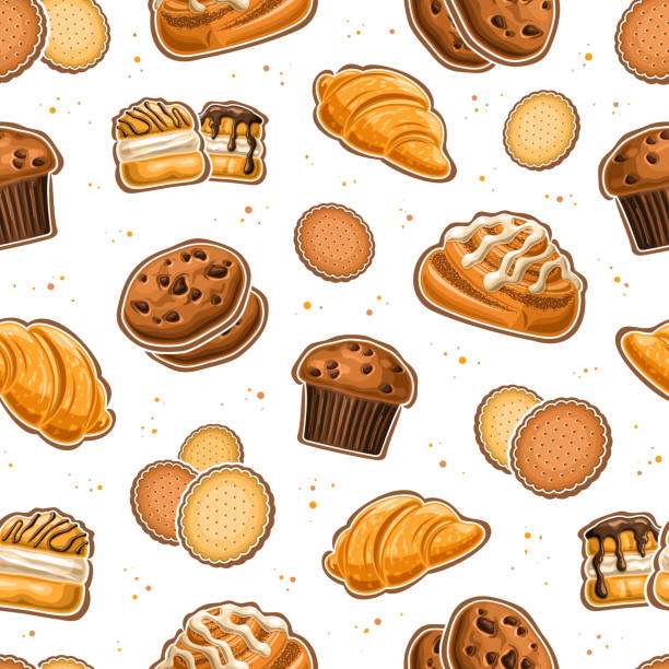 Vector Baked Goods Seamless Pattern Vector Baked Goods Seamless Pattern, repeat background with set of cut out illustrations sweet bake, butter cookies, french sweets with custard cream and icing danish cinnamon roll on white background biscuit plate stock illustrations