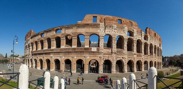 Rome, Italy, March 10, 2022. Panorama of the Colosseum in Rome. Outside view.